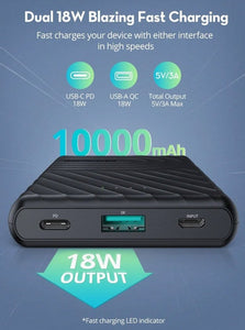 RAVPower 10000mAh PD+QC 2-Port 18W Portable Charger - Black ( RP-PB195)