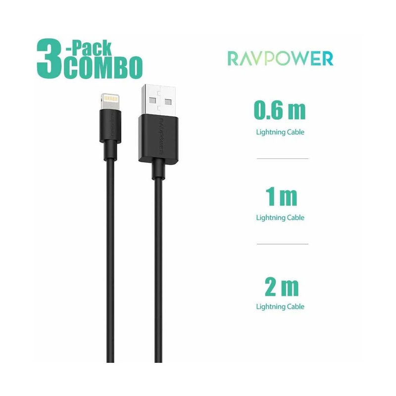 RAVPower 3-Pack USB-A to Lightning Cable (0.6m, 1m, 2m) – Black (RP-CB045)