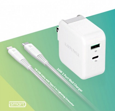 RAVPower 36W Dual-Port USB PD Wall Charger + 1M Lightning Cable - White (RP-PC129)